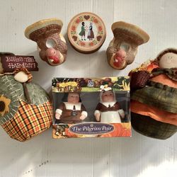 Thanksgiving / Fall Themed Decor Pilgrim Ceramic Salt Pepper Shakers Holiday Coasters Roly Poly Dolls Turkey Candle Holders