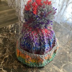 Hand-Crocheted Multicolor Winter Beanie Hat w/ Pom-Pom – Unisex