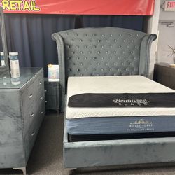 Gray 5pc Bedroom Set W/ Diamond Stitch Design On Headboard ( FREE NIGHTSTAND)