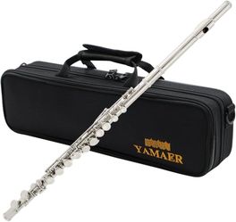 Yamaer C Flute Closed Hole 16-Key Flute, for Beginner Flute Instrument with a Carrying Case, Stand, Music Book, Gloves and Cleaning Kit(Nickel)
