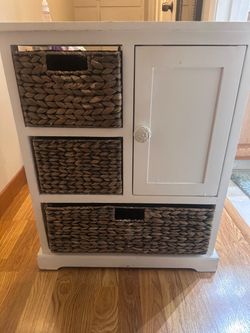 White Wood Storage Cabinet with Wicker Baskets
