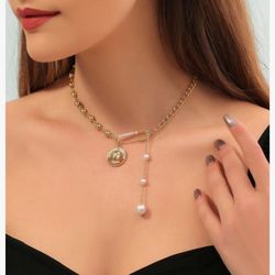 Dainty Gold Plated Coin Pendant Choker for Women,Irregular Geometric Pearl Pin Necklaces,Trendy Half Beaded Half Chain Necklace,Boho Statement Jewelry