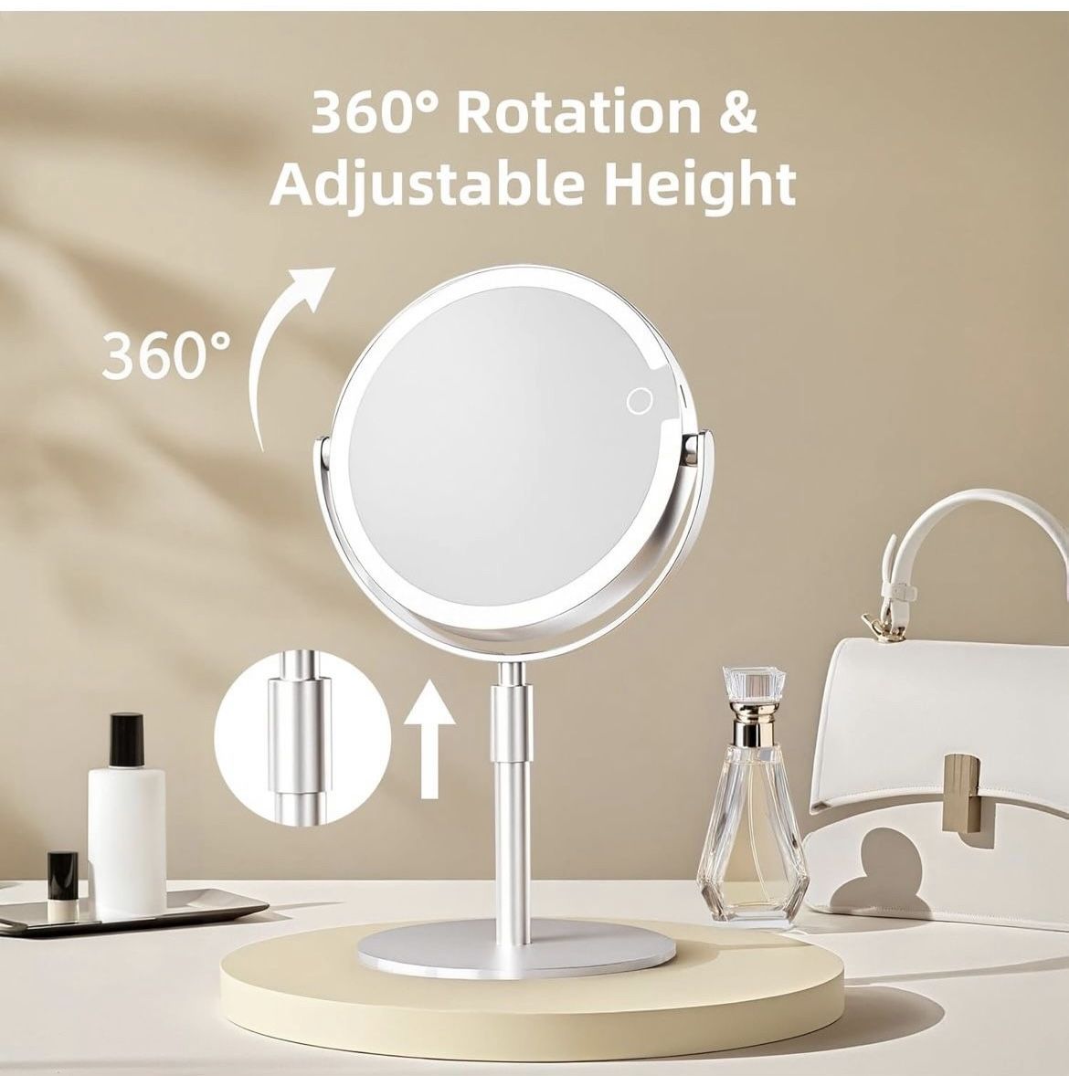 Makeup Mirror with Lights, 8" Double Sided 1x/10x Magnifying Vanity Mirror with 3 Color Lights, Rechargeable, 360° Rotation and Adjustable Height, Gif