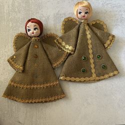 Vintage Burlap Christmas Angel 10 1/2" Hand Painted Face Cone Shaped Body