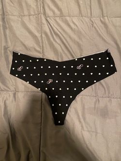women’s Victoria's Secret PINK underwear black thong with white hearts and white 'P' logos, size XL