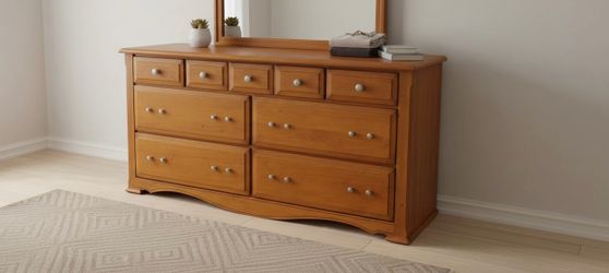 Delivery Available! Solid Wooden Pine 7 Drawer Bedroom Dresser Storage Chest! Drawers all slide great. Some cosmetic wear  65x18x31in
