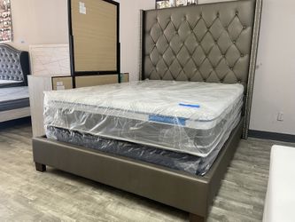6FT CHAMPAGNE QUEEN SIZE BED & PREMIUM HYBRID PILLOW TOP MATTRESS!! $675! DELIVERY INCLUDED!!   