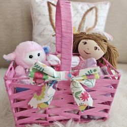 Cute Pink Raffia Easter Basket With Plushies 🐰🪺🩷