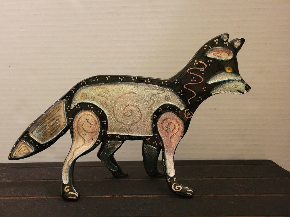 Hand Crafted Fused Glass Wolf Figurine Signed K. Porter 6" Tall 9" Long 2007