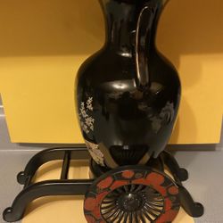 Vintage Golden Peacock Japanese Double Handle Vase Black and wheel base