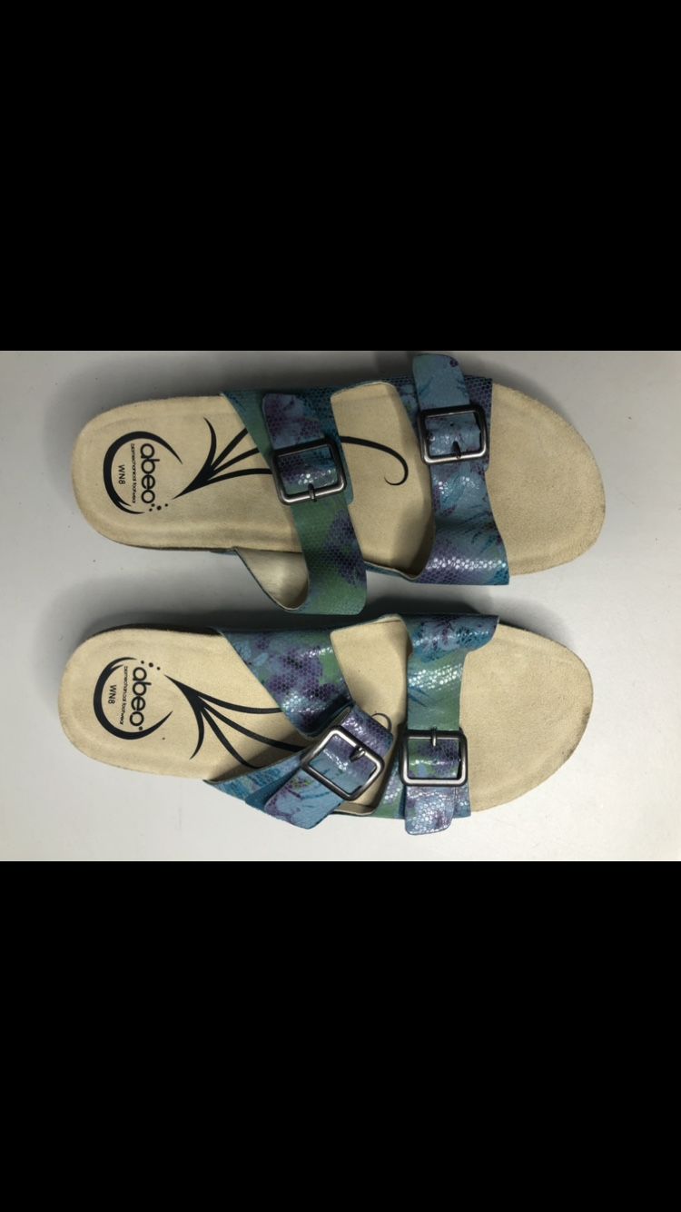 Abeo Blue Leather Strap Cork Slides Sandals Women’s Sz 7N US/38EU