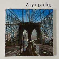 Original acrylic painting on 8x8” stretched canvas and it’s canvas print of Brooklyn bridge New York Landscape/cityscape