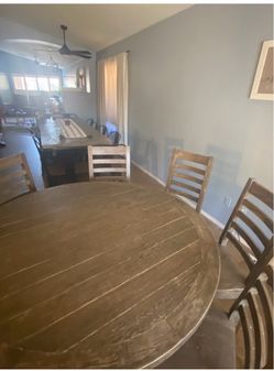 Round wood pedestal dining table & chairs gray brown rustic farm coastal