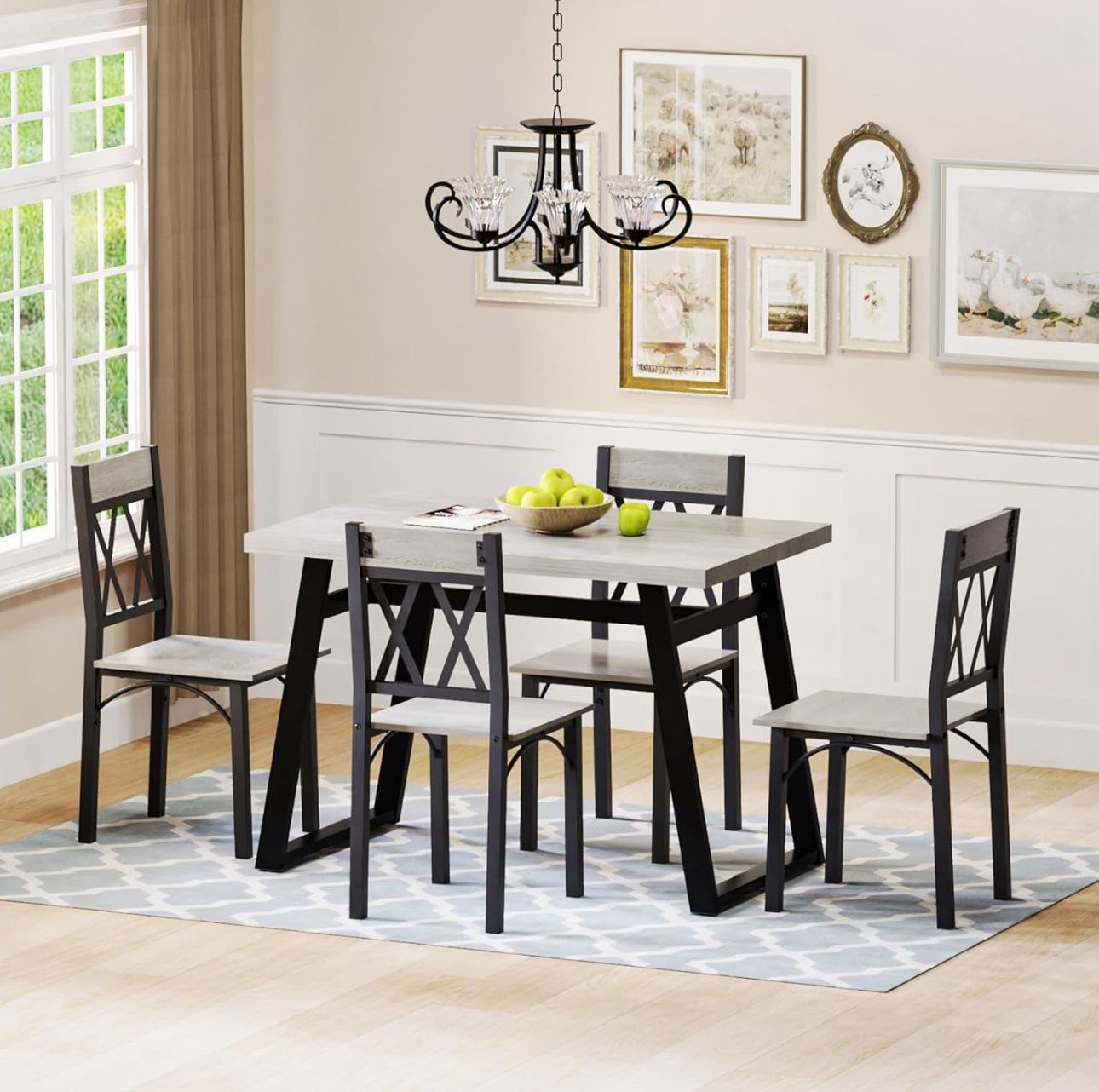 Dining Room Table Set for 4, 5-Piece Farmhouse Kitchen Table and Chairs Set, Thickened Metal Frame with Wood Top Ideal for Dining Room, Dinette, Small