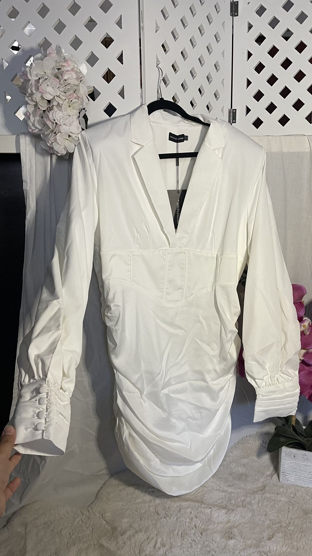 white constructed corset waist blazer dress Ivory Fitted Corset Waist Tailored Blazer Dress
