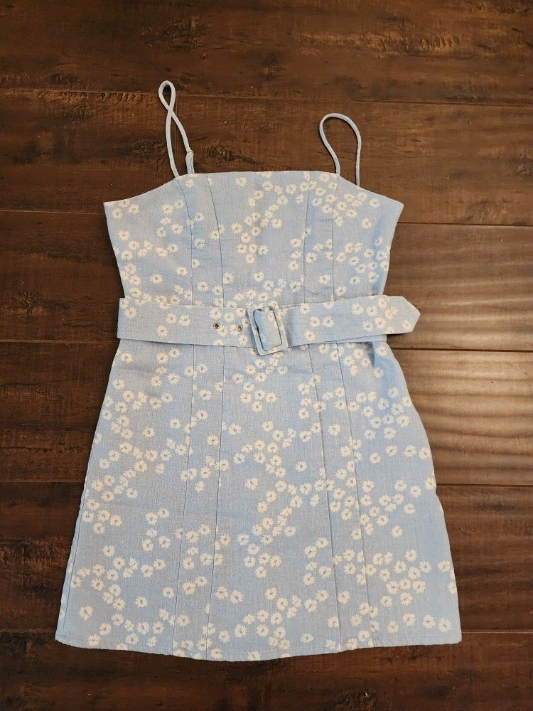 Zara Light Blue Linen Flower Mini Dress Size Small