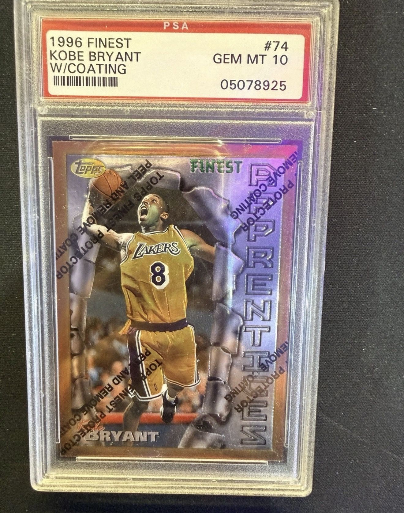 1996 Topps Finest #74 Kobe Bryant Rookie RC PSA 10 Gem MT Lakers With Coating