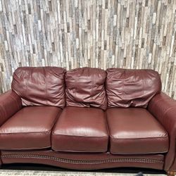Vintage Lane Leather Red/Maroon  Leather Couches + Wooden Table Glass Top (FULL SET)