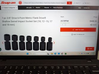 New, Snap on tools  7 Piece 3/8" Drive 6 Point Metric Shallow Swivel Impact Socket set