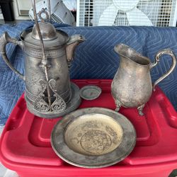 Antique Silver Plated Tilting Pitcher, Water Pitcher and Plate