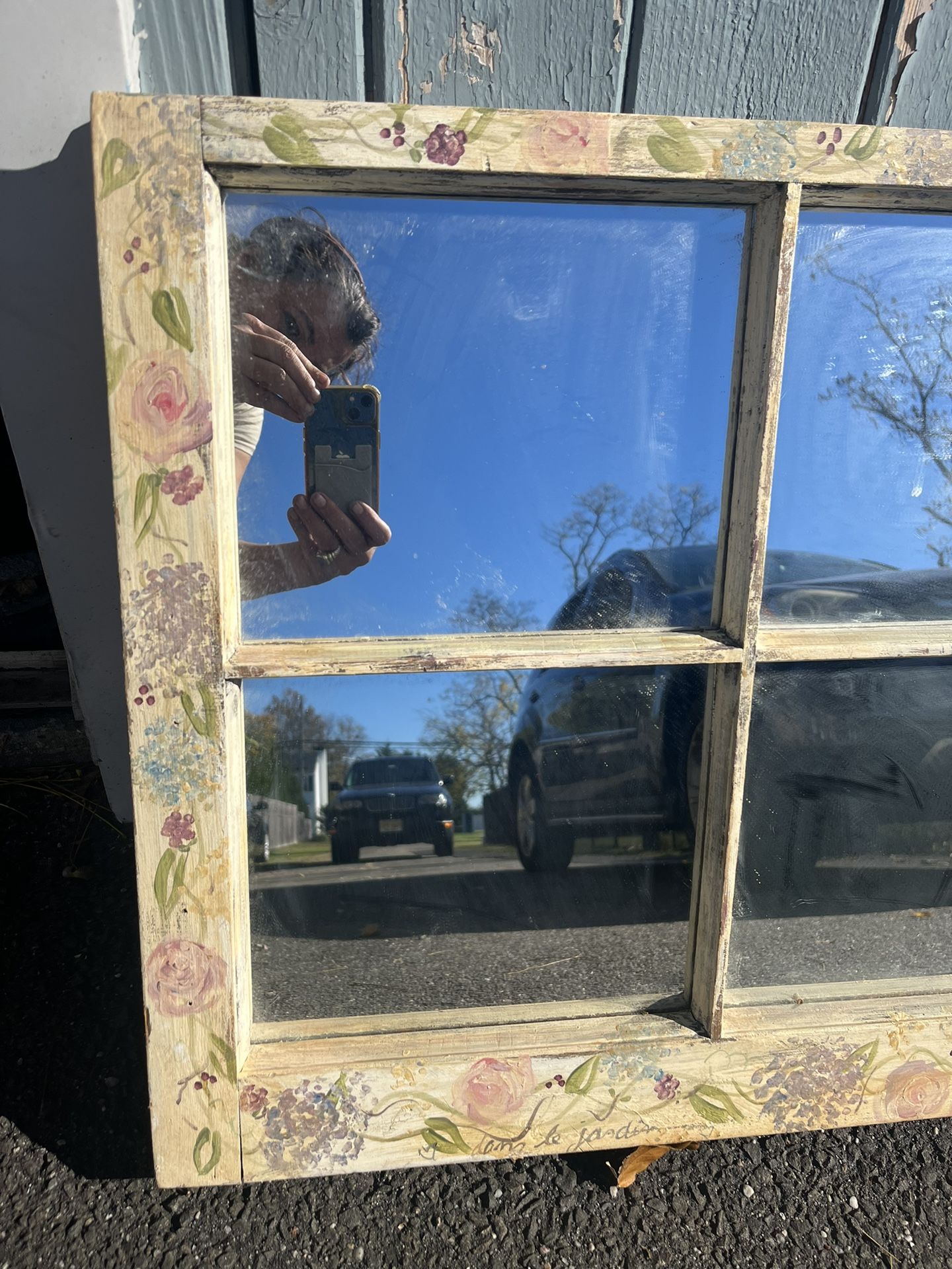 Big Antique HAND PAINTED MIRROR WINDOW 