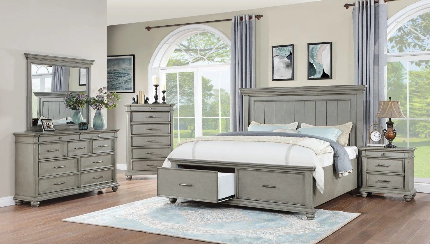 🔥🔥🔥B437 BLOWOUT SALE GRAY QUEEN STORAGE 5PC BEDROOM SET WITH CHEST🔥🔥🔥