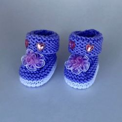 Handknit Doll Socks – Purple with Rose Bow & Hearts – Fits American Girl & 18 Inch Dolls – Handmade Gift