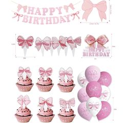 32 Pieces Pink Bow Coquette Happy Birthday Party Decoration Set