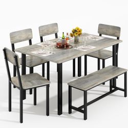 6-Piece Dining Set, Modern Dining Table Set for 4-6,Kitchen Table Set with Chairs and Bench,Dining Room Table Set with Metal Frame & MDF Board, Table 