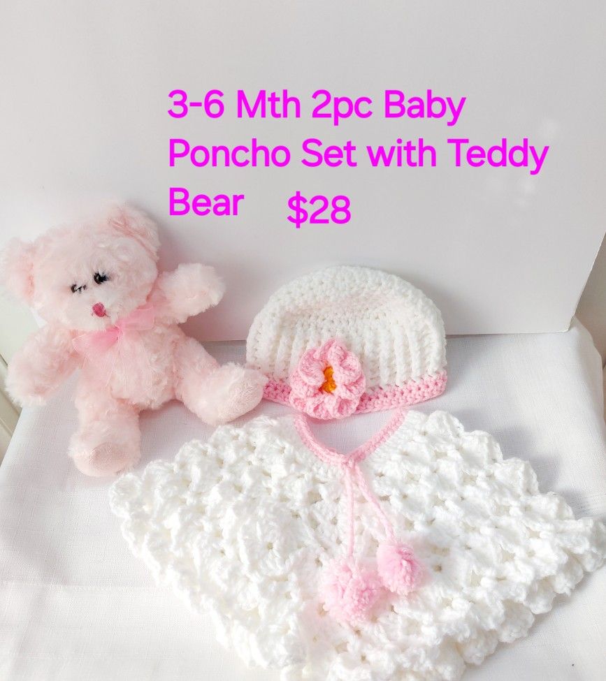 Baby Poncho Set, 3-6Mth With Teddy Bear.