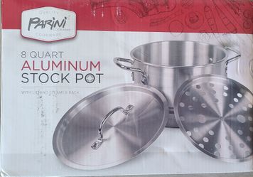 Parini 8 quart aluminum stock pot with lid and steamer rack