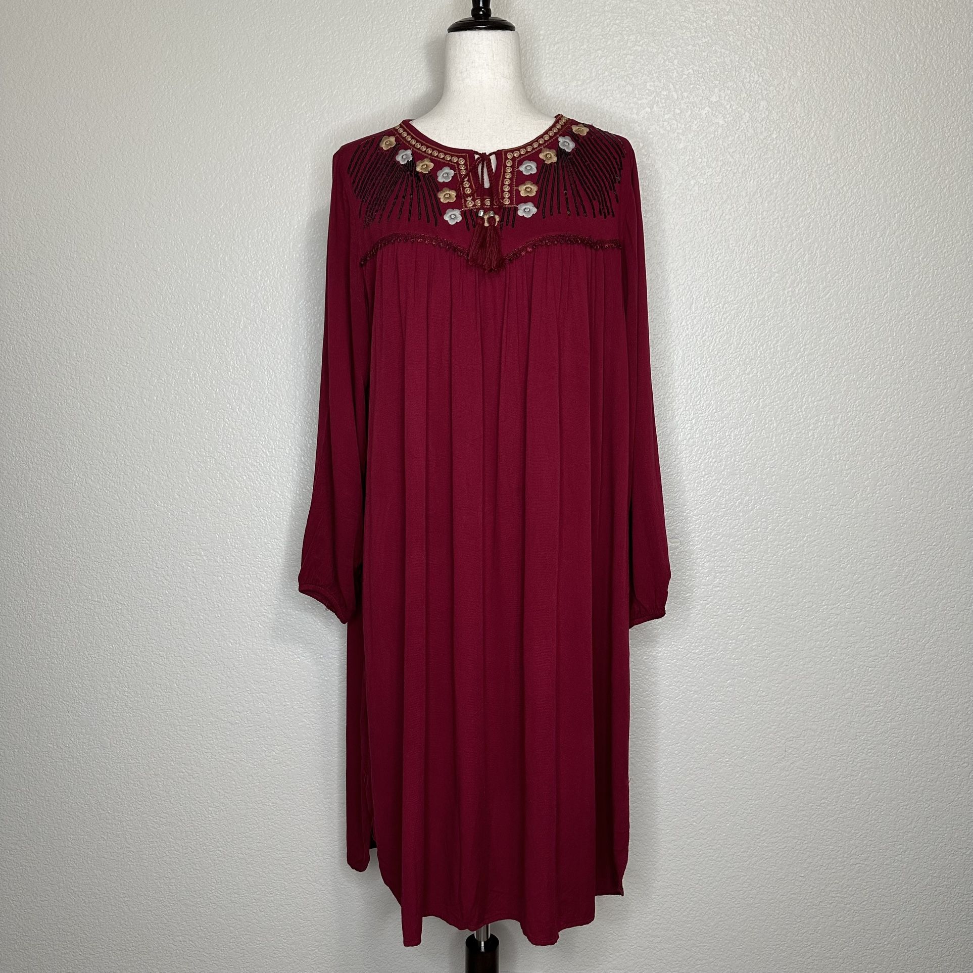 Dabenti Embroidered Sequins Burgundy Long Sleeves Midi Dress