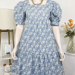 Vintage Blue Floral Puff Sleeve Dress