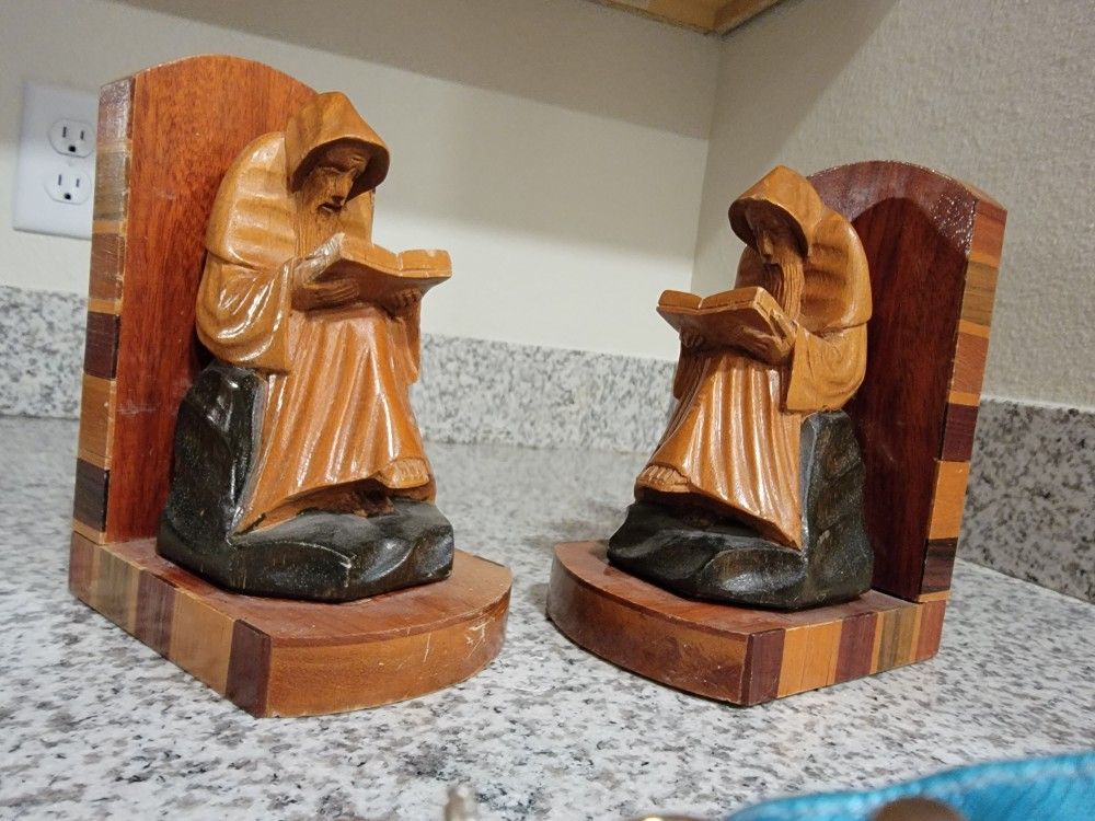 Vintage 1950s Hand Carved Wooden Bookends Praying Monks 1950s 