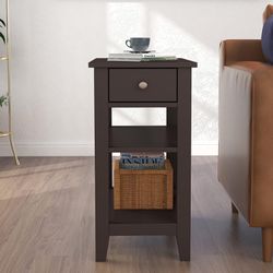 Side Table for Living Room, Narrow End Table with Drawer and Shelf, 3 Tier Sofa Side Table for Small Space,