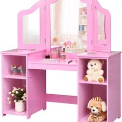 Costzon Kids Vanity, 2 in 1 Princess Makeup Desk Dressing Table with Detachable Top, Toddler Vanity with Tri-fold Mirror & Storage Shelves, Vanity Set