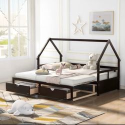 NEW Twin-King Design Extendable Daybed Wood House Bed for Small Bedroom City Aprtment Dorm