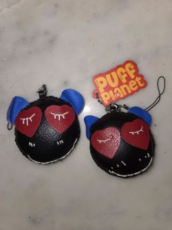 Puff Planet Plush Bag Charm Pair Black Heart Eyes Blue Ears Set of 2