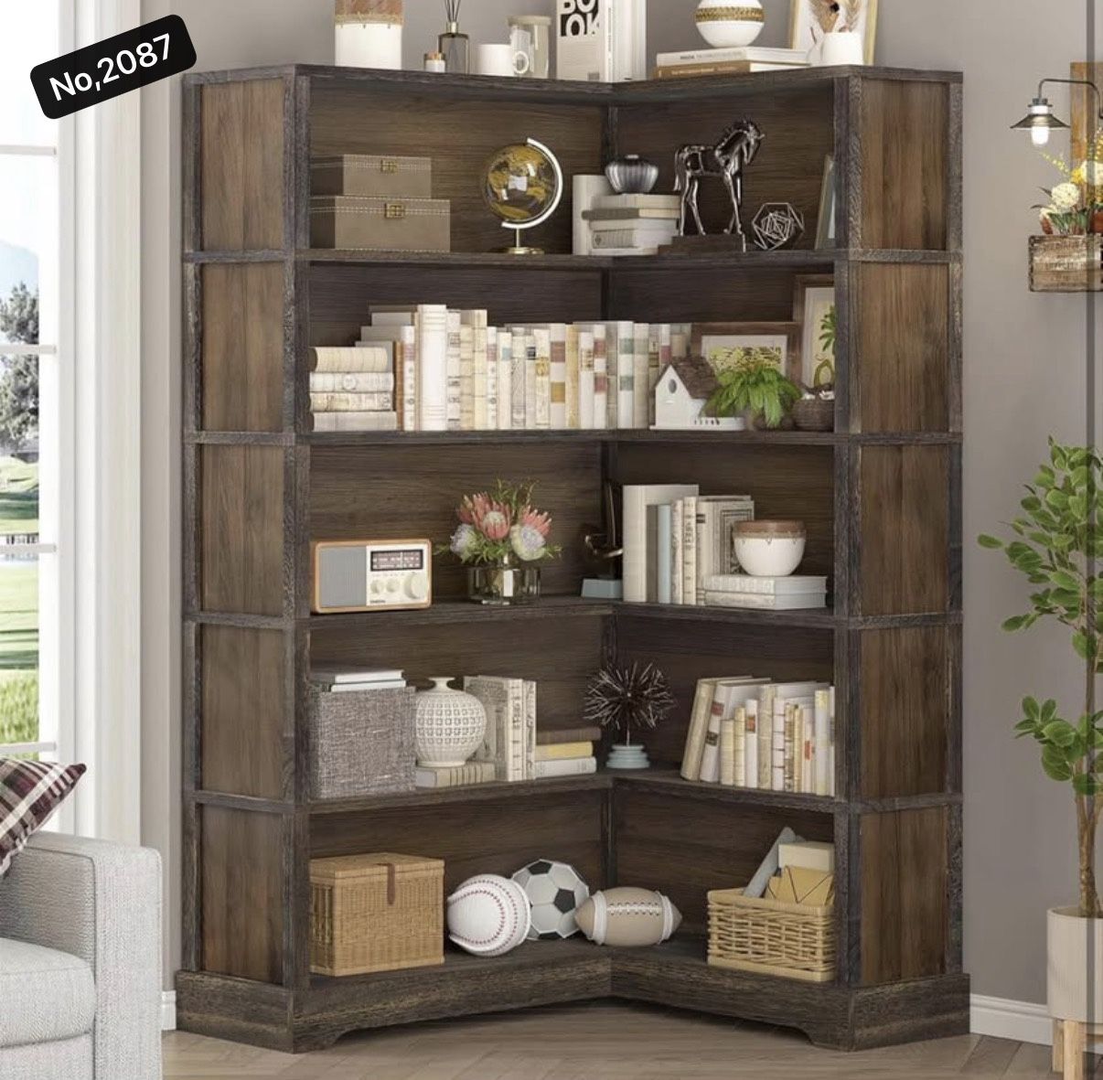 Wood Corner Book Shelf, 5 Tier 65 Inch Tall Bookshelf with Storage, Floor Standing Display Book Shelf for Living Room, Kitchen, Home Office, Rustic Br