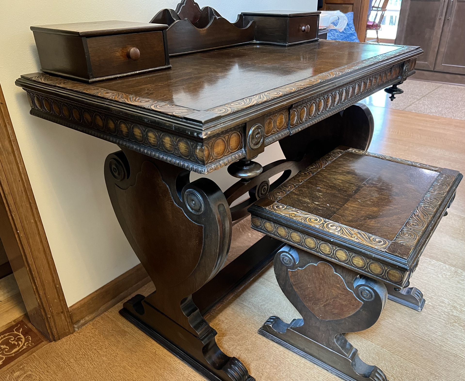 Antique American Renaissance Revival heavily carved desk with drawer & matching bench wooden vintage