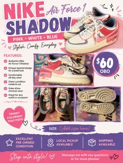 👟 Nike Air Force 1 Shadow Sneakers | Pink, White & Blue | Women’s | Excellent Condition