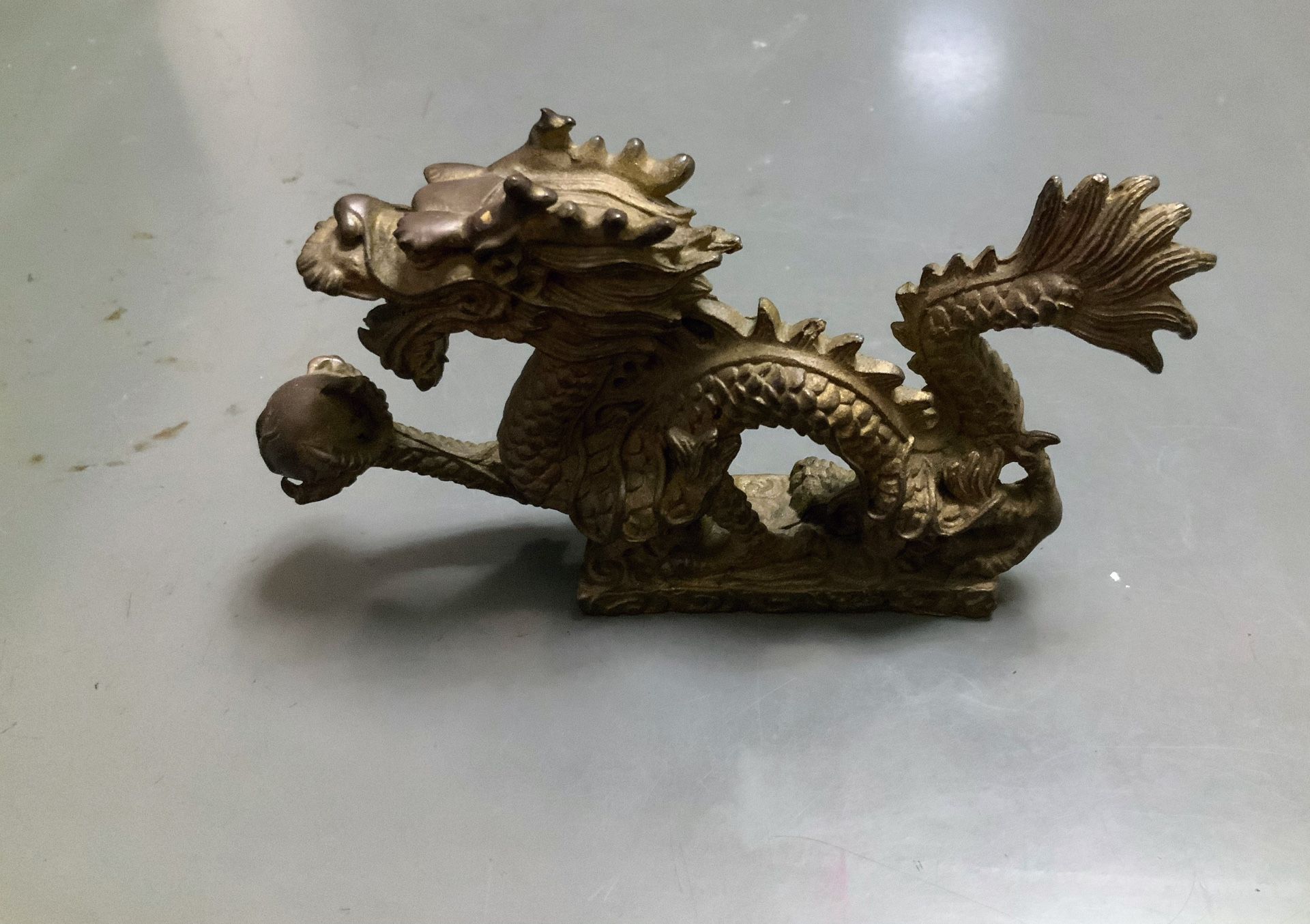 Vintage Brass Dragon Holding Pearl Figurine