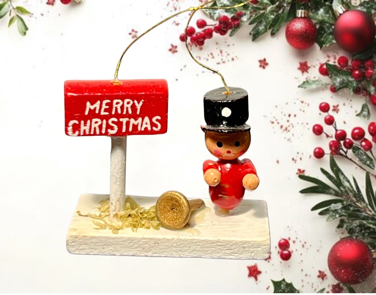 Vintage 1970s Dollhouse Wooden Toy Soldier Christmas Ornament Merry Christmas, 3x2”  PLEASE NOTE: The first image is an artistic representation; all o