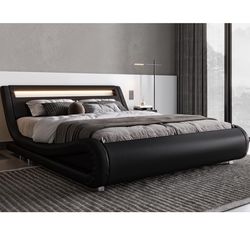 Allewie Queen Size LED Platform Bed Frame with Adjustable Headboard/No Box Spring Need/Easy Assembly/Faux Leather in Black