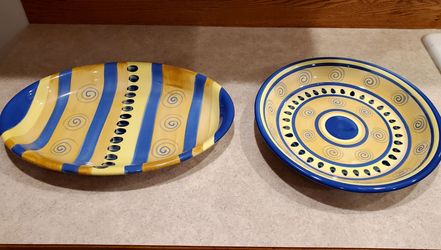 Unused Vintage Italian Swirl ceramic platter and large serving bowl set- Made in Italy
