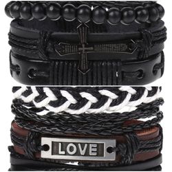 2 x Set Adjust. Size up to 9.5inc Leather Bracelet, (Cross-Love)