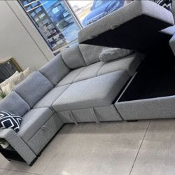 ✅️✅️4 pc Grey boucle fabric sectional sofa with storage chaise and love seat and pop up sleep area in center drop down tray tables✅️✅️✅️