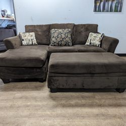 Modern Brown Microfiber Couch with Reversible Chaise and Storage Ottoman
