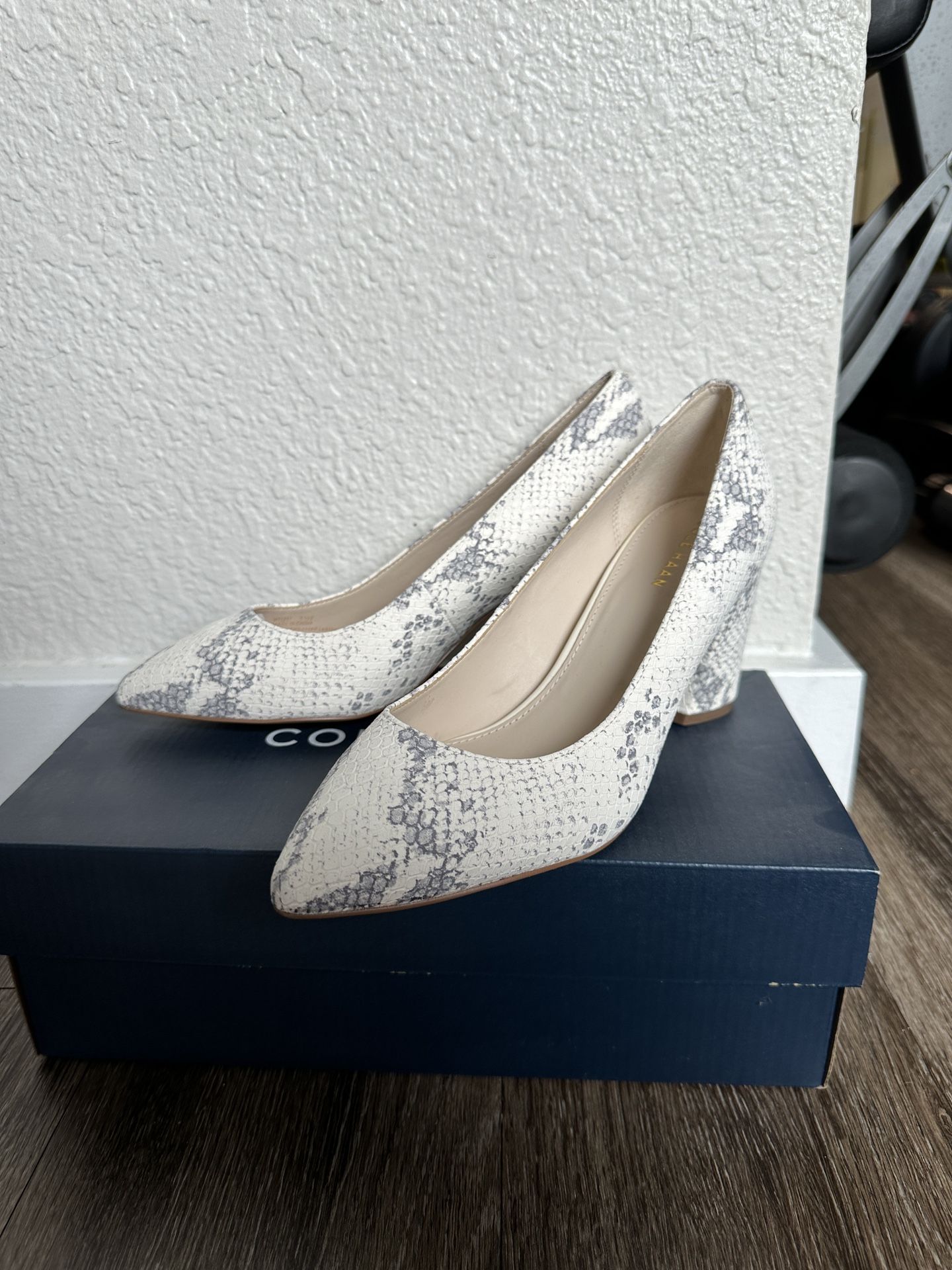 Cole Haan Karena Embossed-Snakeskin Suede Block Heel Pumps