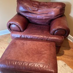 Maroon Leather Chair And Ottoman